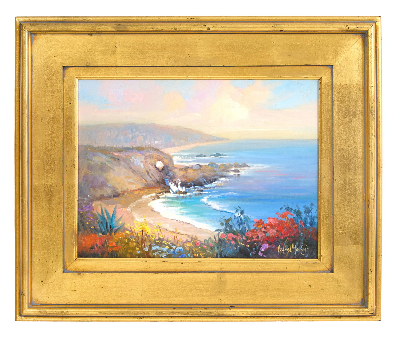 Rafael Maniago (California/Philippines, b. 1945), "Magnificent Cliffs," 2003, H.- 16 in., W.- 20: Rafael Maniago (California/Philippines, b. 1945), "Magnificent Cliffs," 2003, oil on canvas, signed lower right, together with Certificate of Authenticity signed by the artist, presented in a giltwood