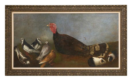 Continental School, "Barnyard Bird Scene with Turkey and Guinea Pigs," 19th/20th c., H.- 31 1/2 in.,