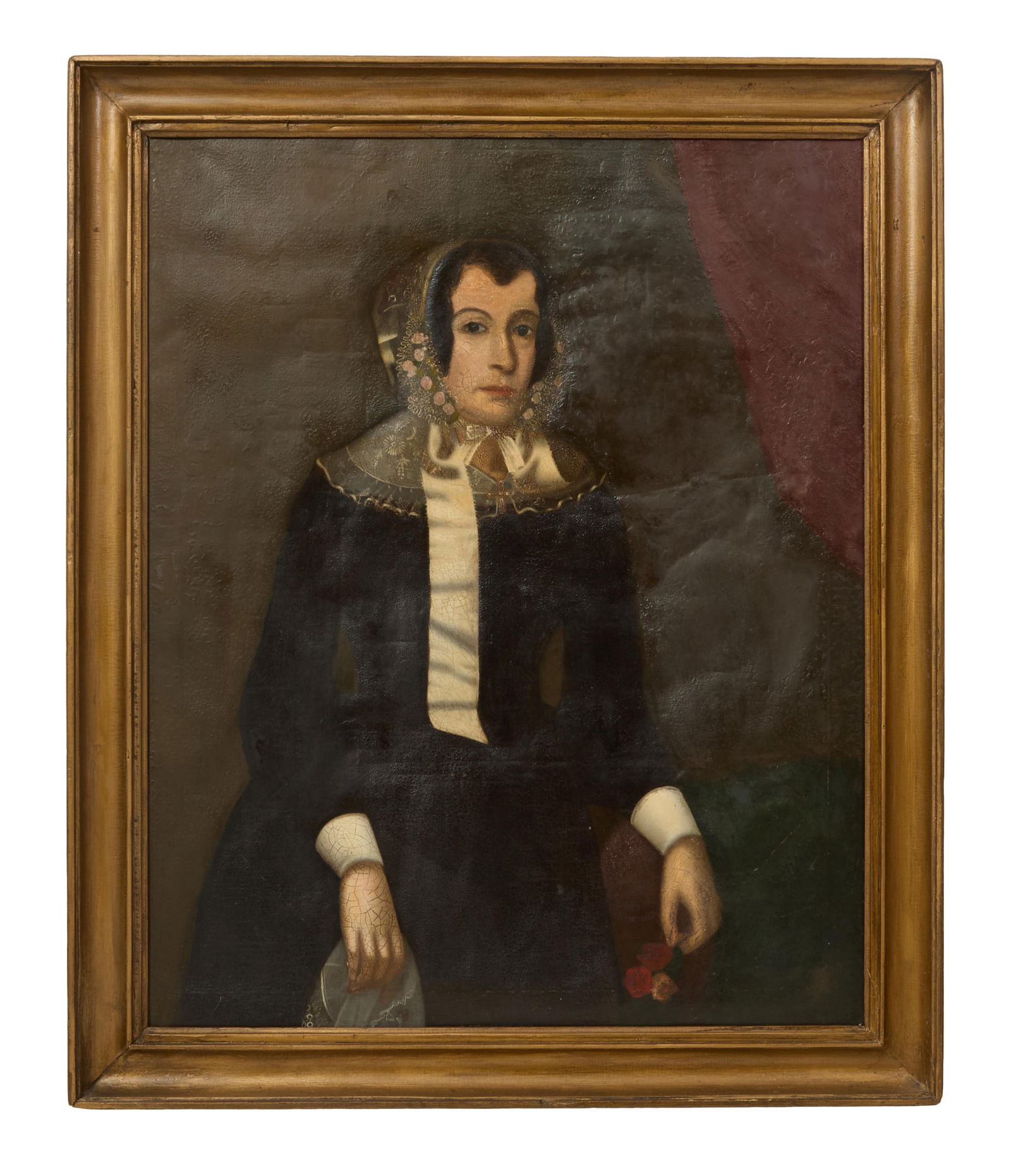 British School (19th Century), "Portrait of a Woman in Mourning," c. 1836-1845, H.- 44 in., W.- 35: British School (19th Century), "Portrait of a Woman in Mourning," c. 1836-1845, oil on "India Rubber" canvas, partially stamped "183?" and India Rubber/London" unsigned, presented in a giltwood frame,
