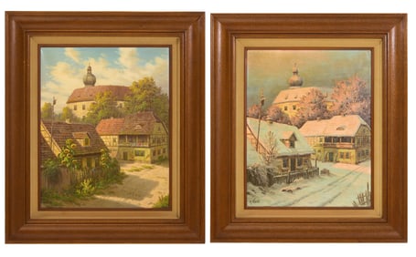 Max Nordt (German, 1895-1979), "Pair of Seasonal Landscapes of a European Village," Each- H.- 19 1/2