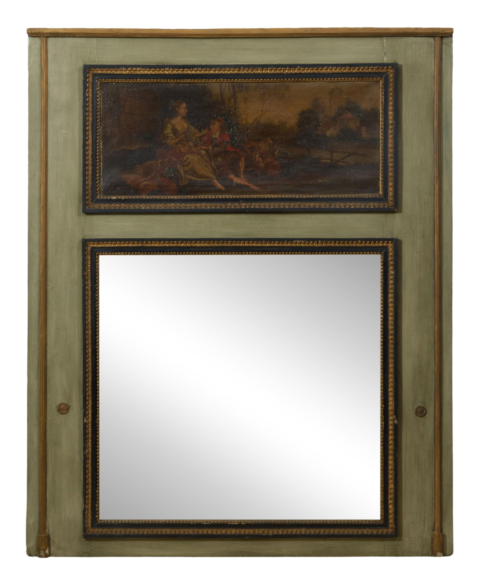 French Verte Peinte Trumeau Mirror, 19th c., H.- 63 1/4 in., W.- 51 in.: French Verte Peinte Trumeau Mirror, 19th c., the restrained moulded top over romantic scene painting of couple, ebonized moulded surround with lamb's tongue and beaded liners, lower mirror plate with