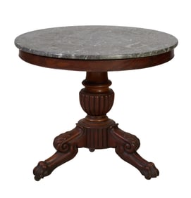 French Empire Marble Top Walnut Center Table, mid 19th c., H.- 28 in., Dia.- 32 in.