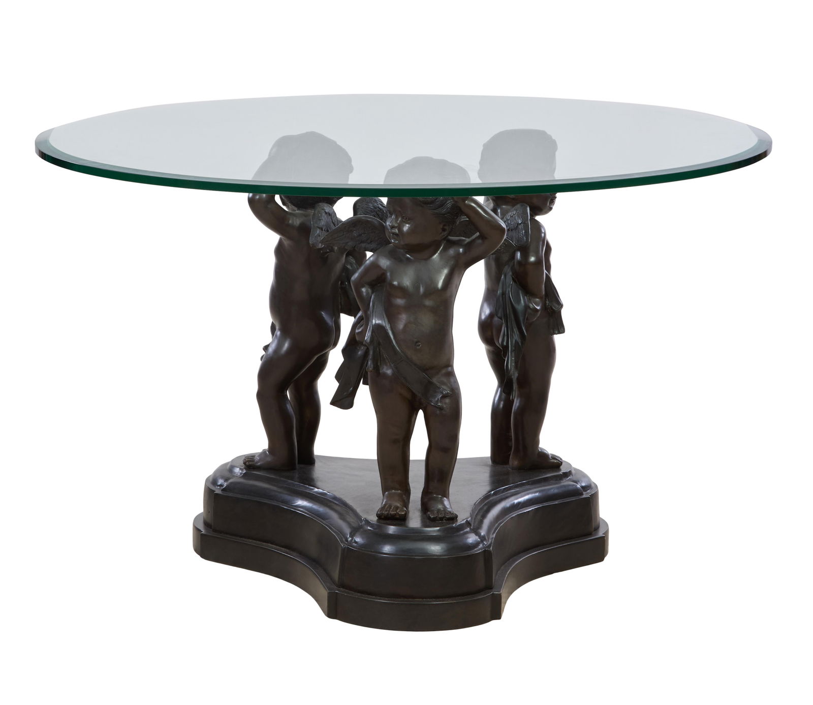 Bronze Cherub Glass Top Center Table, 20th c., H.- 34 in., Dia.- 54 in. (1 of 2)
