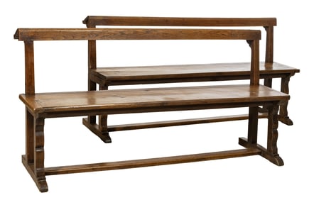 Pair of French Provincial Walnut Church Pews, 19th c., Each- H.- 32 in., W.- 64 in., D.- 18 in. (2