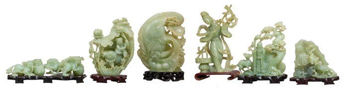 Group of Six Carved Oriental Jadeite Figures, 20th c., Largest- H.- 11 in., W.- 6 1/2 in., D.- 2 3/4