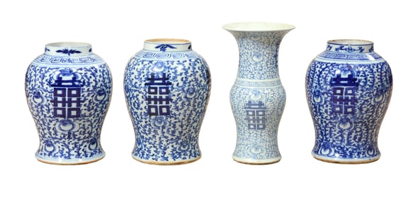Group of Four Chinese Blue and White Porcelain "Happiness" Vases, 20th/19th c., Largest Baluster-