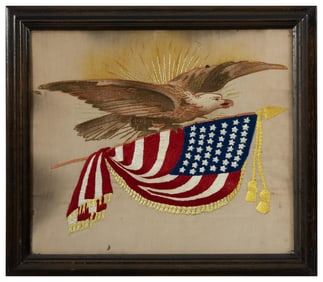 Antique Japanese Silk Embroidery of Eagle with American Flag, c. 1891-1896, Framed- H.- 22 1/2 in.,