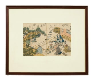 Japanese School (19th Century), "Japanese Village Scene," c. 1810, Sight- H.- 6 1/2 in., W.- 9 5/8