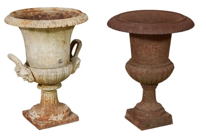 Two Medici Cast Iron Urns, 20th c., Taller- H.- 19 1/2 in., Dia. 15 in.; Smaller- H.- 19 in., Dia.-