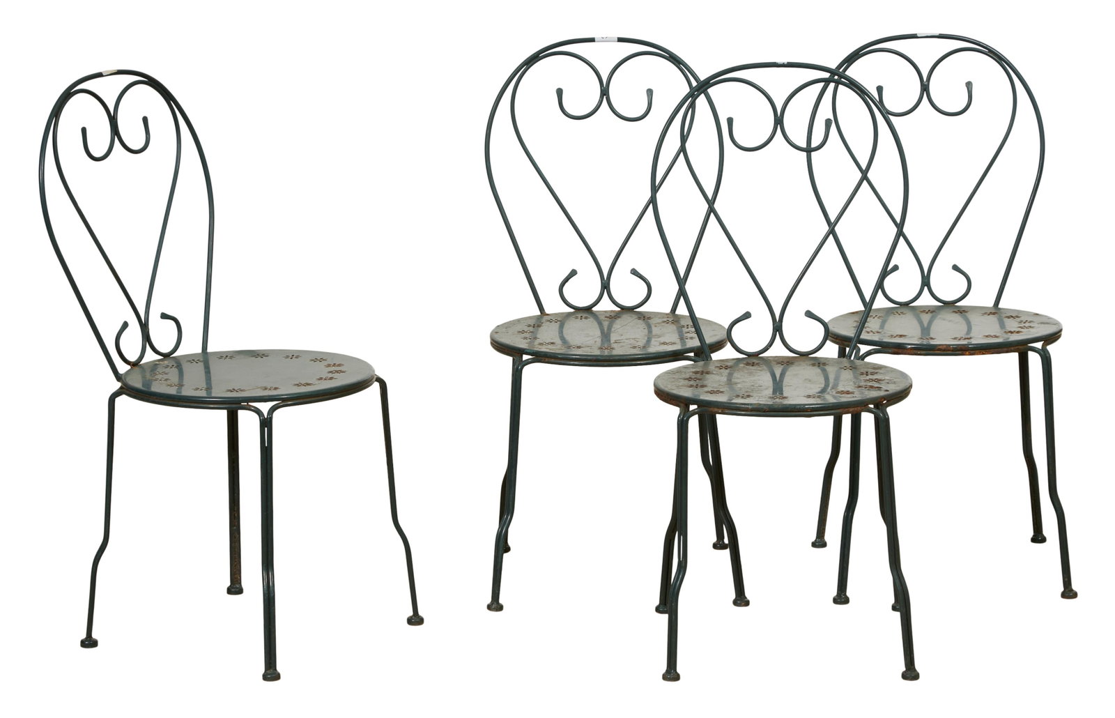 Four French Parisian Metal Bistro Chairs, early 20th c., Each- H.- 35 3/4 in., W.- 16 in., D.- 16: Four French Parisian Metal Bistro Chairs, early 20th c., the arched back with scroll heart splat, round pierced seat, shaped metal legs with penny feet, Each- H.- 35 3/4 in., W.- 16 in., D.- 16 in. (4