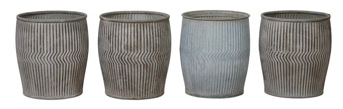 Four Corrugated Tin Round Planters, 21st c., Each- H.- 21 1/2 in., Dia.- 18 1/2 in. (4 Pcs.)
