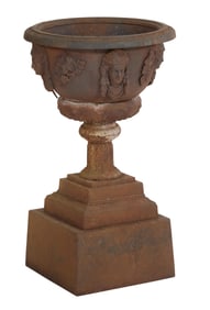 Cast Iron Neo Greco Style Garden Urn on Plinth, late 19th c., H.- 31 1/2 in., W.- 24 in., D.- 24 in.