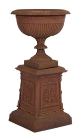 Cast Iron Classical Garden Urn on Plinth, late 19th c., H.- 42 1/2 in., W.- 22 in., D.- 22 in.
