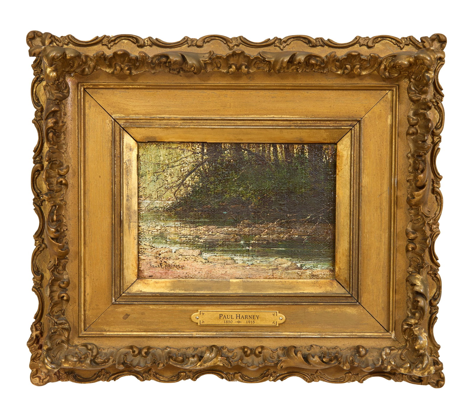 Paul Harney Jr., (American, 1850-1915), "Connecticut Stream," H.- 4 5/8 in., W.- 6 1/2 in., Framed-: Paul Harney Jr., (American, 1850-1915), "Connecticut Stream," oil on coarse canvas, laid down on board, signed lower left, presented in a giltwood frame with a brass artist plaque, H.- 4 5/8 in., W.-