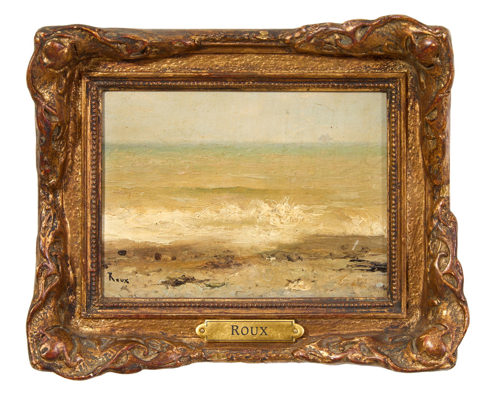 Attributed to Paul Roux (French, 1851-1918), "Seascape," H.- 5 in., W.- 7 in., Framed- H.- 7 3/4: Attributed to Paul Roux (French, 1851-1918), "Seascape," oil on wood panel, signed "Roux" lower left, presented in a giltwood frame with a brass artist plaque, H.- 5 in., W.- 7 in., Framed- H.- 7 3/4