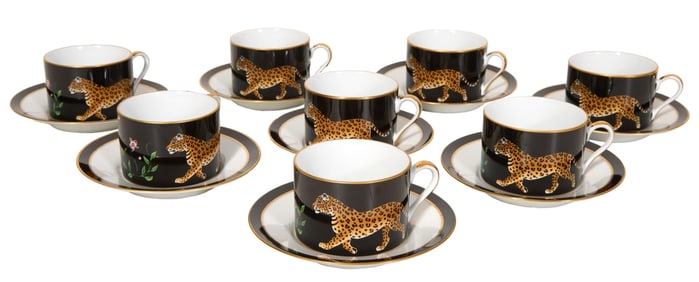 Eight Lynn Chase Jaguar Jungle Porcelain Cups and Saucers, 20th c., Cup- H.- 2 1/4 in., W.- 4 in.,