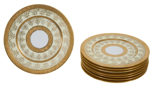 Set of Eight German Gilt Porcelain Place Plates, 19th c., Each- H.- 1 in., Dia.- 10 7/8 in. (8 Pcs.)