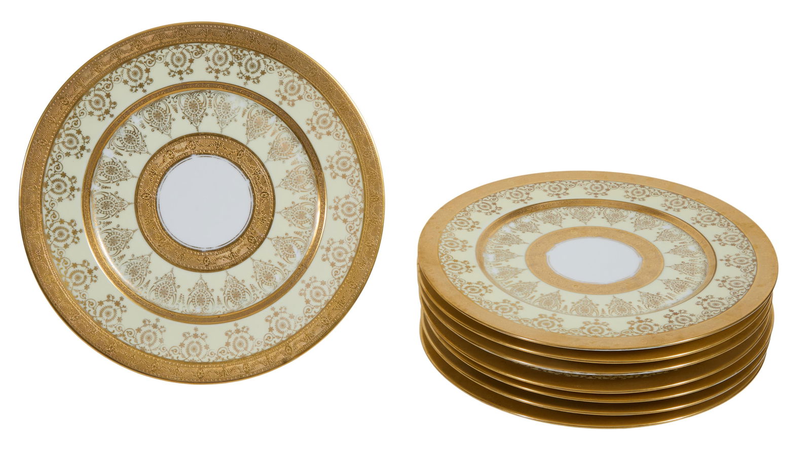 Set of Eight German Gilt Porcelain Place Plates, 19th c., Each- H.- 1 in., Dia.- 10 7/8 in. (8 Pcs.) (1 of 3)