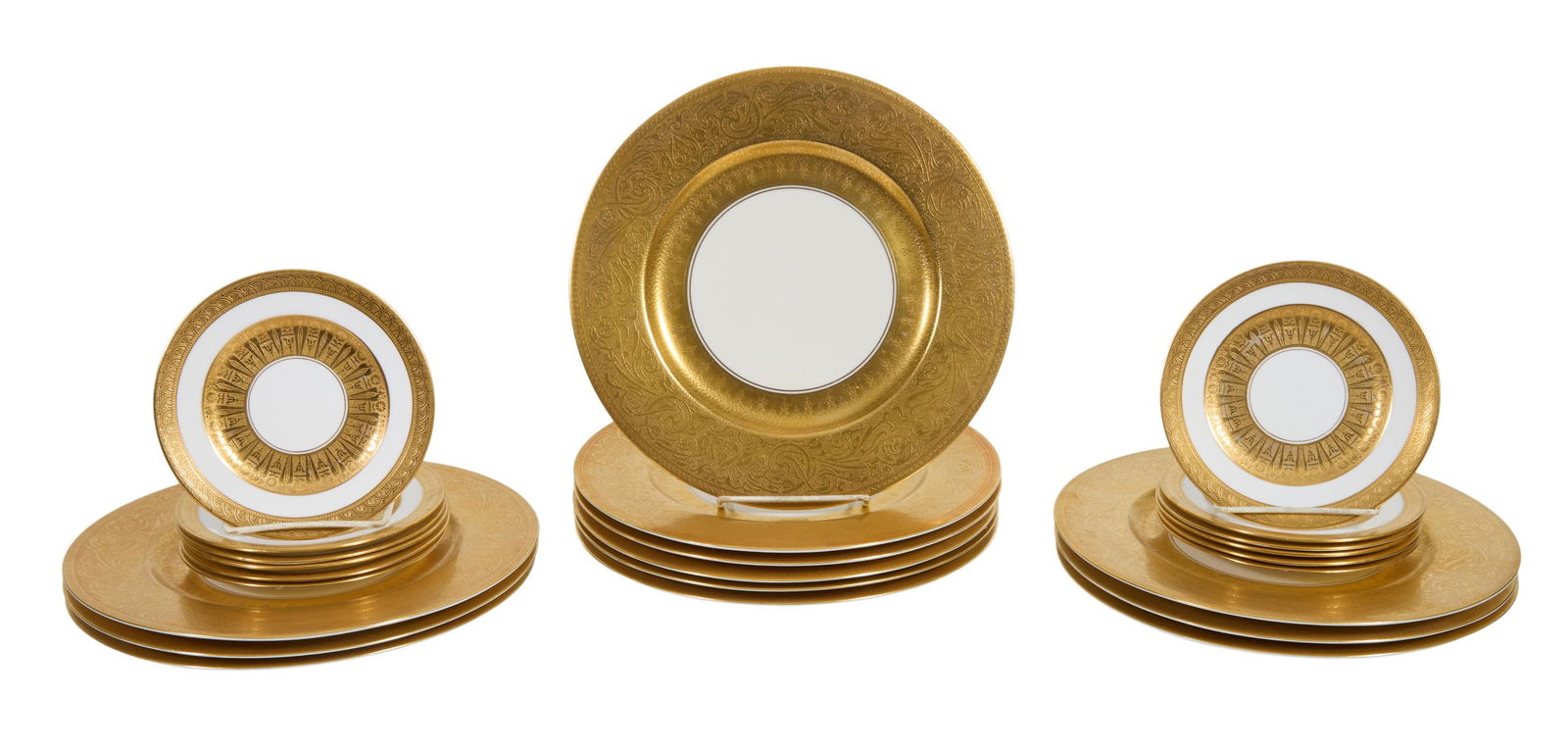 Twenty-Four Pieces of Gilt Banded Porcelain Dinnerware, 20th c., Dinner- H.- 5/8 in., Dia.- 10 3/4: Twenty-Four Pieces of Gilt Banded Porcelain Dinnerware, 20th c., consisting of 12 place plates by Theodore Haviland, New York; and 12 English saucers by Crown Staffordshire, England, Dinner- H.- 5/8 i