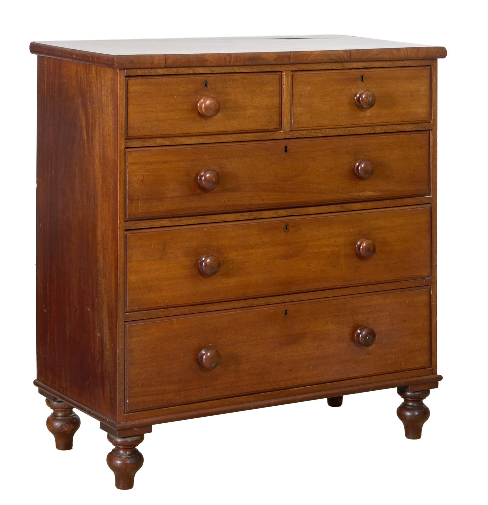 English Late George III Mahogany Chest of Drawers, mid 19th c., H.- 46 3/4 in., W.- 43 in., D.- 20: English Late George III Mahogany Chest of Drawers, mid 19th c., the rectangular top, two small drawers over three long graduated drawers, raised on toupie feet, H.- 46 3/4 in., W.- 43 in., D.- 20 1/2 