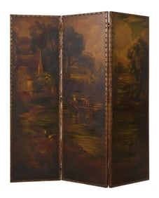 Vintage Continental Three Panel Painted Screen, 20th c., H.- 66 1/2 in., W.- 60 in., D.- 1 in.