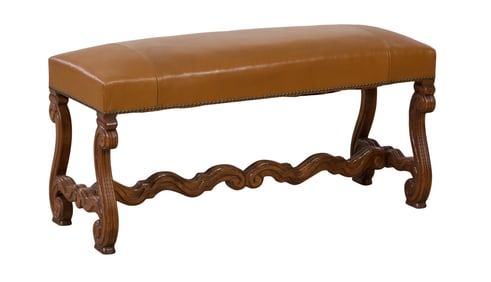French Charles XIII Style Leather and Oak Bench, 20th c., H.- 18 1/2 in., W.- 40 in., D.- 15 in.