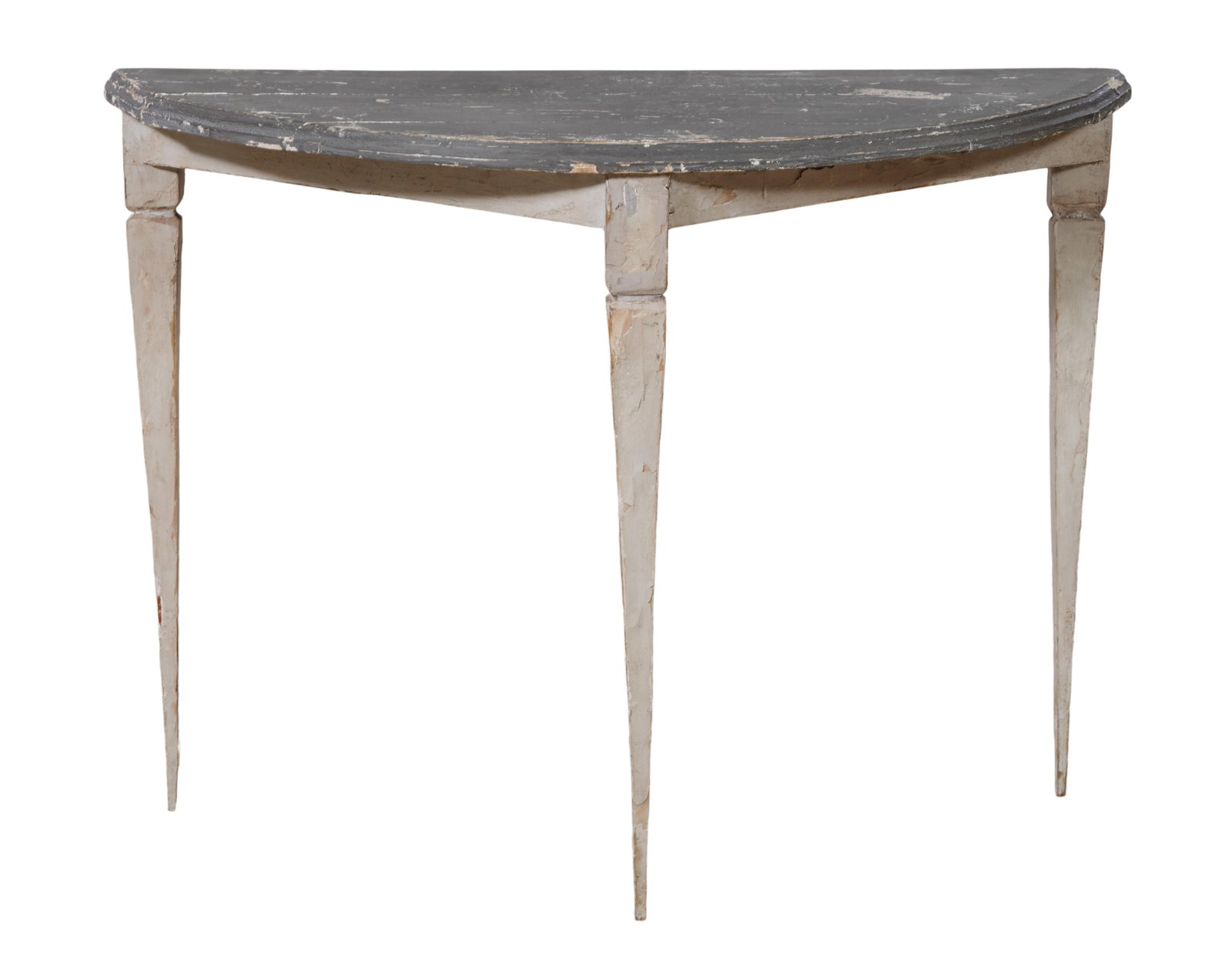 Rustic Italian Gris Creme Peinte Demilune Console, 19th c., H.- 31 in., W.- 41 in., D.- 16 1/2 in.: Rustic Italian Gris Creme Peinte Demilune Console, 19th c., the molded gris polychromed demilune top over tapered square legs, H.- 31 in., W.- 41 in., D.- 16 1/2 in.