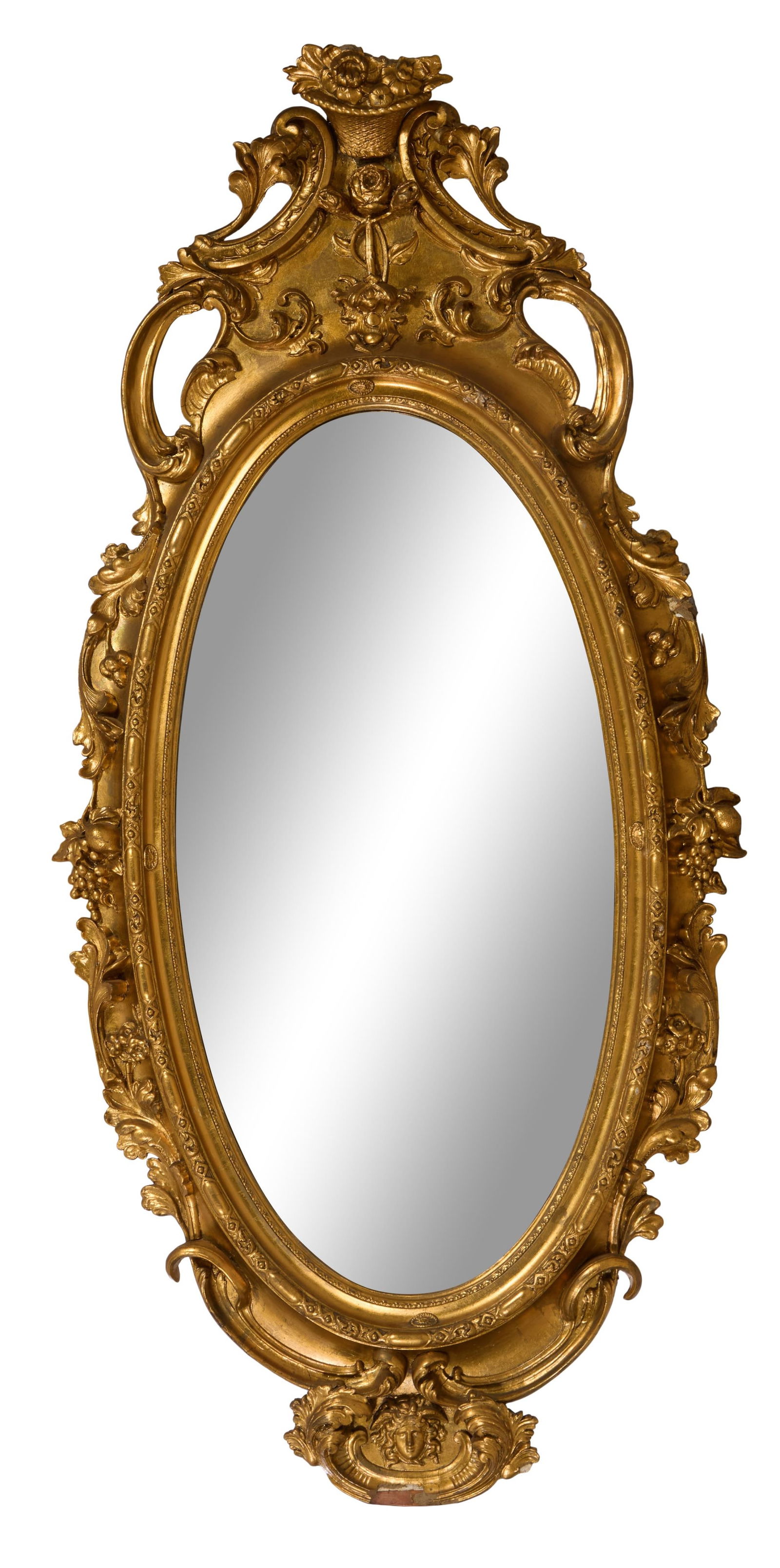Large French Rococo Giltwood Oval Over Mantel Mirror, late 19th c., H.- 68 in., W.- 35 (1 of 20)