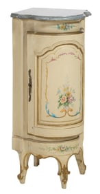 French Louis XV Style Marble Top Creme Peinte Corner Cabinet, early 20th c., H.- 35 3/4 in., W. 17