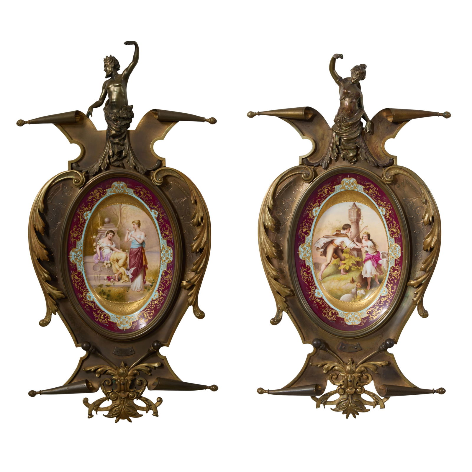 Unusual Pair of Patinated Bronze Mounted Oval Royal Vienna Porcelain Plaques, 19th c., Each- H.- 29
