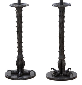 Pair of Unusual Peter Brandt Style Cast Iron Floor Lamps, 20th c., Each- H.- 53 1/ 2 in., Dia.- 13