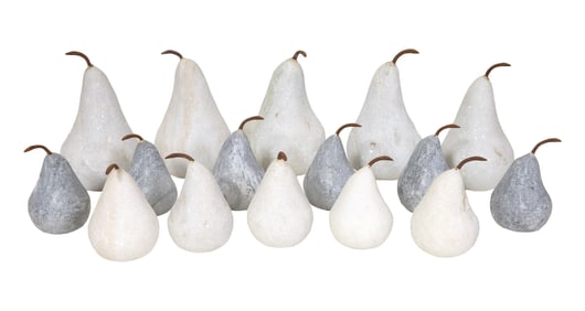 Group of Sixteen Carved Stone Pears, 20th c., Largest- H.- 7 in., Dia.- 4 1/3 in., Smallest- H.- 4