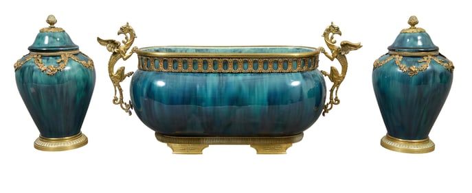 Three Piece French Gilt Bronze Mounted Porcelain Garniture Set, early 20th c., Jardiniere- H.- 10