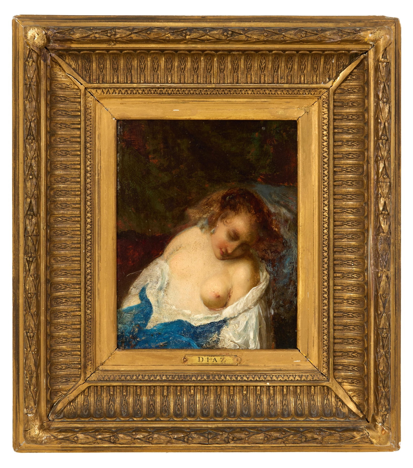 Attributed to Narcisse-Virgilio Diaz de la Pena (French, 1807-1876), "Partially Nude Woman: Attributed to Narcisse-Virgilio Diaz de la Pena (French, 1807-1876), "Partially Nude Woman Sleeping," oil on wood panel, unsigned, presented in a giltwood frame with a brass artist plaque, H.- 10 in.,