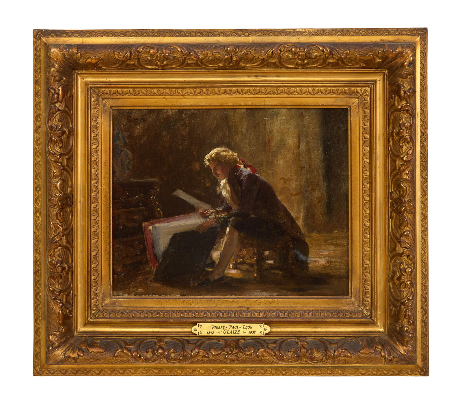 Pierre Paul-Leon Glaize (French, 1842-1931), "Gentleman with Portfolio Reading," H.- 7 1/2 in., W.- (1 of 4)