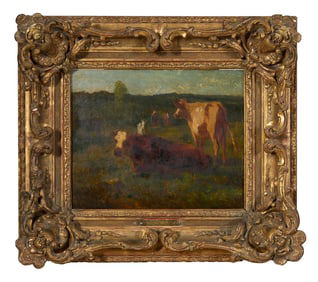 Constant Troyon (French, 1810-1865), "Cattle Pasturing," H.- 6 1/4 in., W.- 10 in., Framed- H.- 13