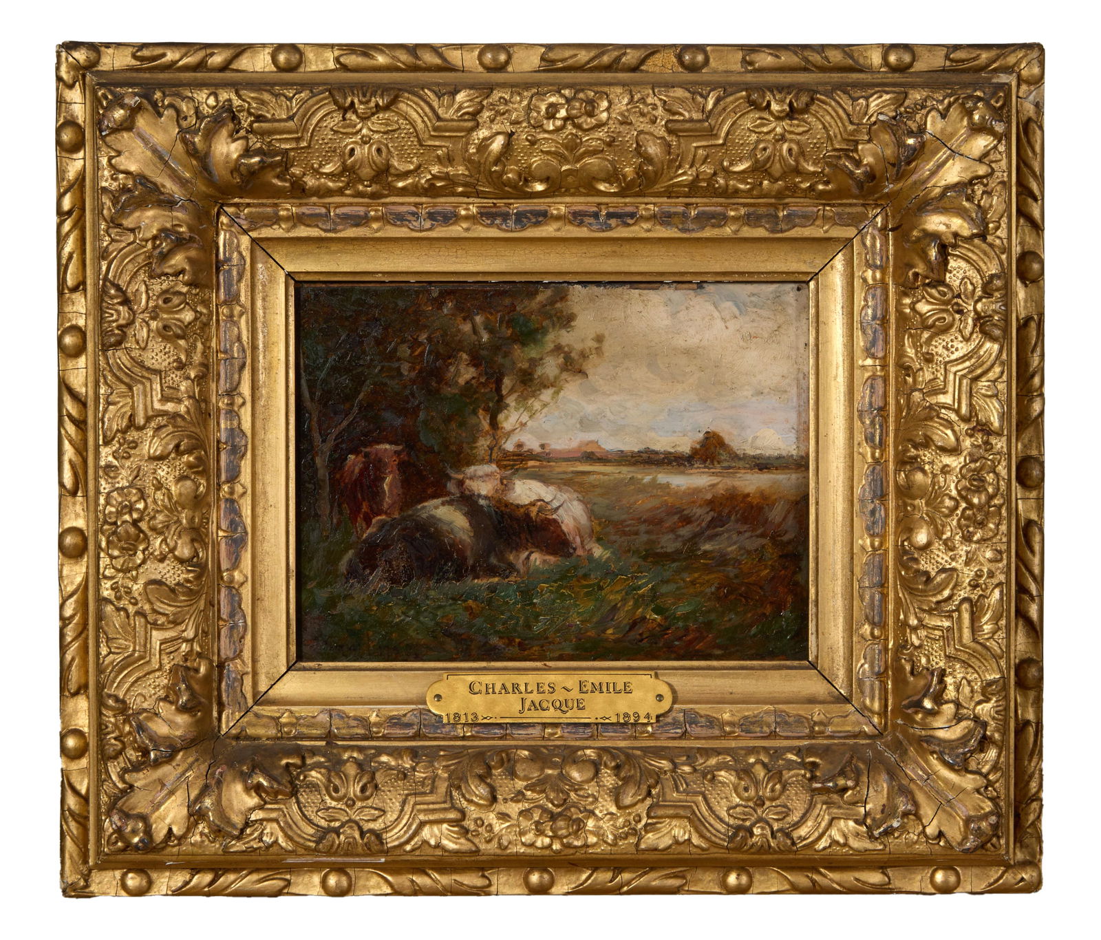 Charles-Emile Jacque (French, 1813-1894), "Cattle Resting," 1875, H.- 6 in., W.- 8 in., Framed- H.-: Charles-Emile Jacque (French, 1813-1894), "Cattle Resting," 1875, oil on board, signed and dated lower left, presented in a giltwood frame with a brass artist plaque, H.- 6 in., W.- 8 in., Framed- H.-