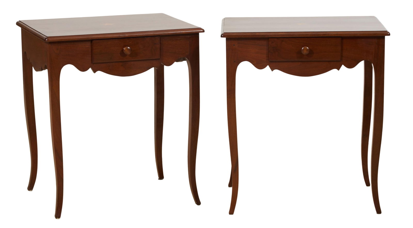 Pair of Louisiana Star Inlaid Walnut Creole Style Tea Tables, by William Jones, New Iberia, LA, late: Pair of Louisiana Star Inlaid Walnut Creole Style Tea Tables, by William Jones, New Iberia, LA, late 20th c., the rectangular tops with molded edges having central satinwood star inlay, single small f