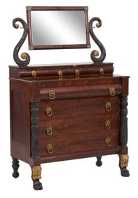 American Classical Dressing Chest of Drawers with Mirror, New York City, c. 1825, H.- 68 in., W.- 43