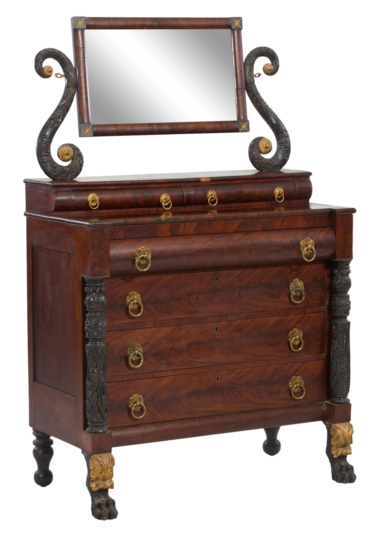 American Classical Dressing Chest of Drawers with Mirror, New York City, c. 1825, H.- 68 in., W.- 43 (1 of 19)