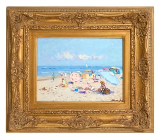 Niek van der Plas (Dutch, b. 1954), "Children Playing on Beach," H.- 9 in., W.- 12 in., Framed- H.-