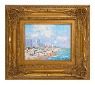 Niek van der Plas (Dutch, b. 1954), "Florida Beach Scene with Skyline," H.- 8 in., W.- 10 in.,