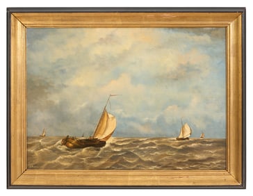 Adrianus Marijnissen (Dutch, 1899-1978), "Ships at Sea," H.- 19 5/8 in., W.- 27 5/8 in., Framed- H.-