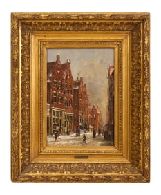 Petrus Gerardus Vertin (Dutch, 1819-1893), "Dutch Street Scene in Winter," H.- 13 in., W.- 9 1/2
