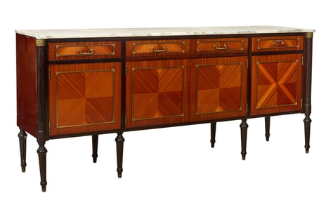 French Louis XVI Style Marble Top Parquetry Enfilade, early 20th c., H.- 37 1/2 in., W.- 84 3/4 in.,