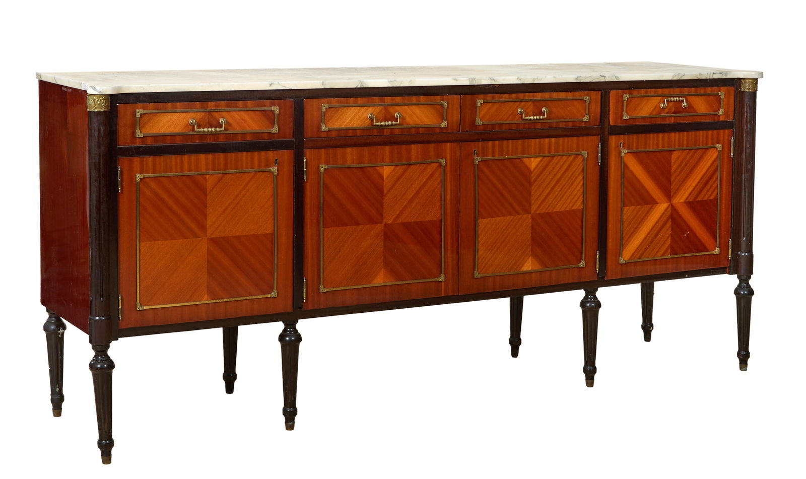 French Louis XVI Style Marble Top Parquetry Enfilade, early 20th c., H.- 37 1/2 in., W.- 84 3/4 in., (1 of 2)