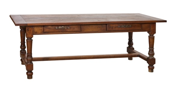 French Provincial Oak Farm Table, early 20th c., H.- 30 3/4 in., W.- 86 1/4 in., D.- 35 3/8 in.