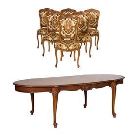 French Louis XV Style Dining Table and Six Side Chairs, 20th c., Chairs- H.- 40 1/2 in., W.-19 1/2
