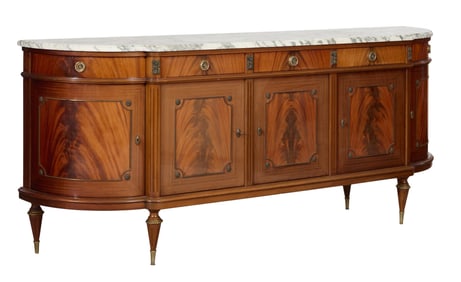 French Louis XVI Style Marble Top Walnut Enfilade, early 20th c., H.- 41 in., W.- 98 1/2 in., D.- 21