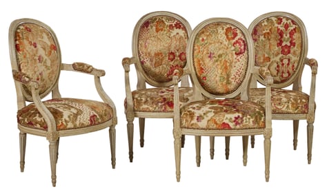 Four French Louis XVI Style Vert Peinte Fauteuil, late 19th c., Each- H.- 36 in., W.- 22 1/2 in.,